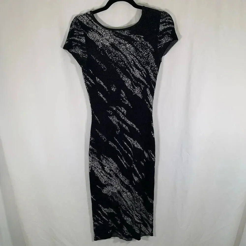 BCBG Maxazria Midi Dress Women's Small Black Silk Blend Short Sleeve Open Back